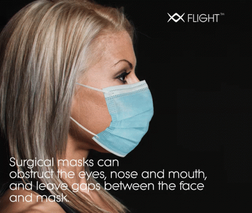 the lady is wearing a mask that reads surgical masks can obstruct the eyes, nose and mouth, and love gps between the face and mask