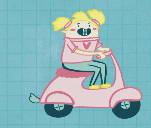 a blue dog is riding on a pink moped