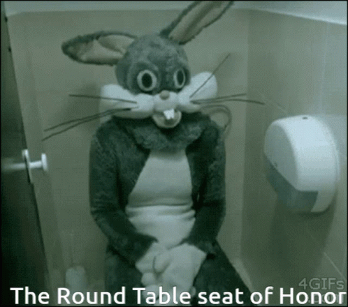 a rabbit sitting on top of a toilet in a bathroom