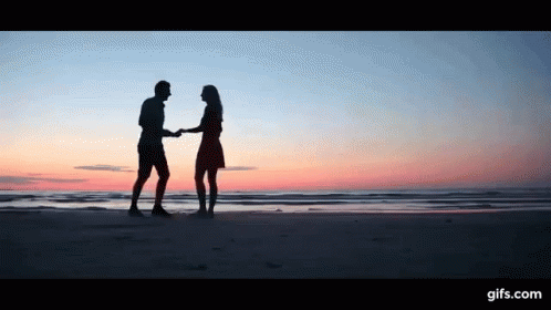 a silhouette of two people standing on the beach holding hands