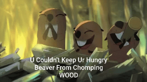 an animated picture showing four beavers in front of trees