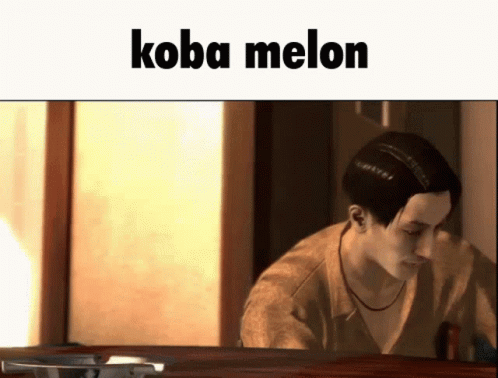 a person looking down at a table with the text koba melon on it