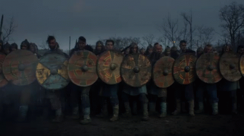 large group of people with different colored shields