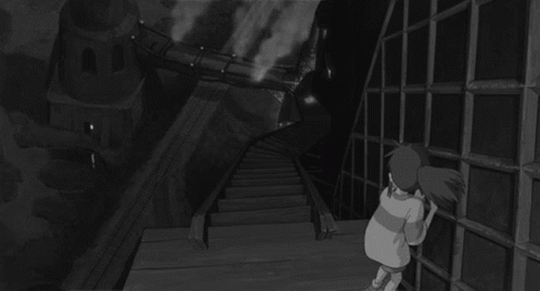 an animated scene with an alien on top and a person looking down the stairs