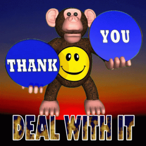 a monkey holding up two red bubbles that say thank