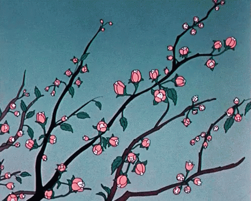 a painting of a flowering tree nch on green background