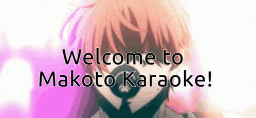 there is a man with blue hair standing with text overlay reading welcome to makoto karaokie