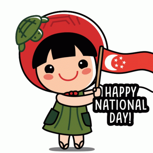 a cartoon character holding up a happy national day sign