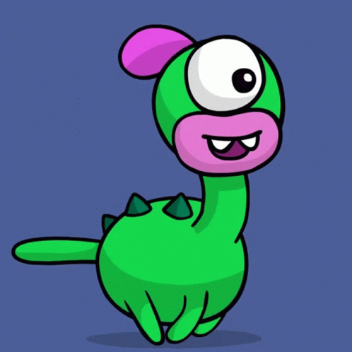 cartoon cat with a pink ear and green body