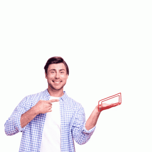 a man holding up a phone in one hand and a plastic clipboard in the other