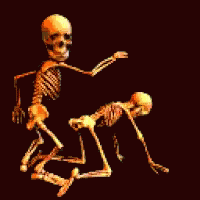 two skeletons and one skeleton with one pointing
