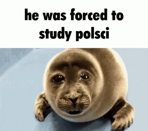 an animal sitting on the ground has the caption he was forced to study polsc