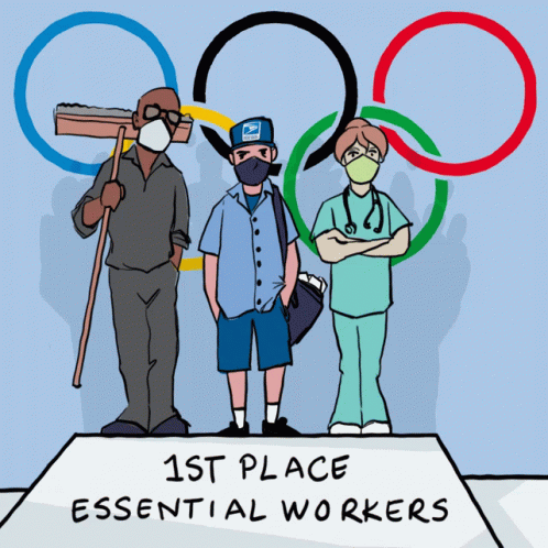 a cartoon of three people in a circle with an olympic symbol