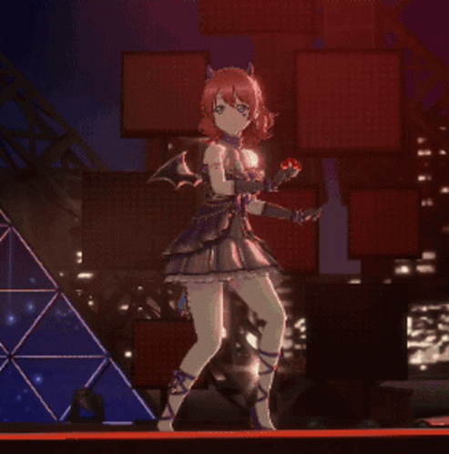 an anime woman standing on a stage with two legs crossed