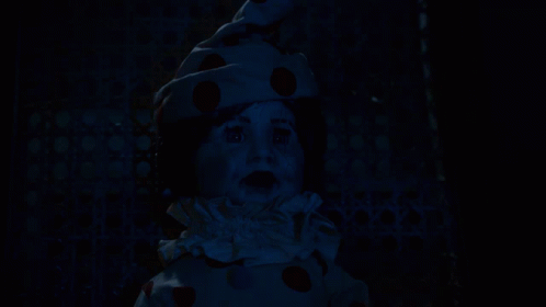 the creepy doll is dressed in blue and black polka dots