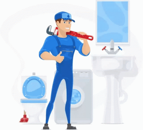 a plumber holds a wrench and tools next to a toilet