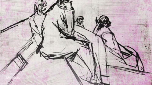 a drawing of several people sitting and standing