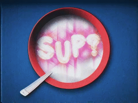 a blue round bowl with the word sup in purple and pink letters