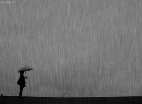 a woman holding a parasol standing under a heavy rain