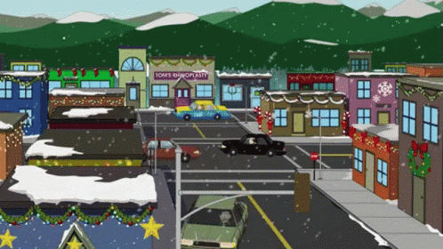 a pixeled view of a town street and snowy day
