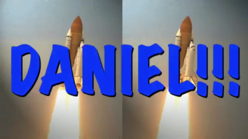 two images of a blue rocket with words painted on the bottom