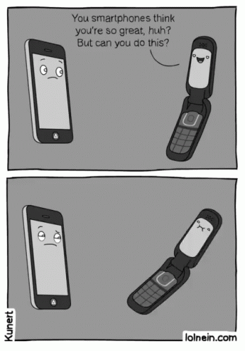 the comic strip depicts an old cellphone with two faces on it
