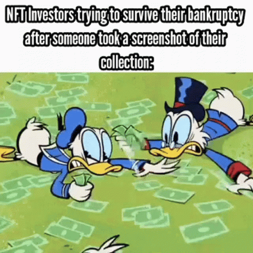 cartoon character lying on money with text in background
