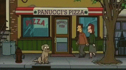 a cartoon of a person and a dog outside a pizza restaurant