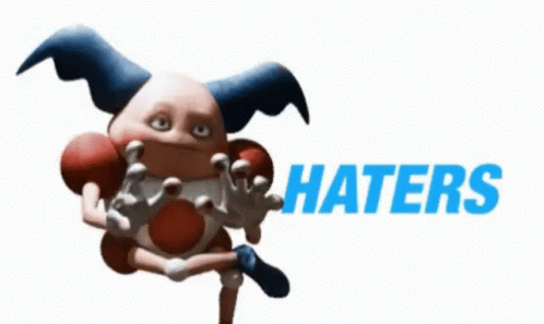 an animated character holding a baseball bat that says haters