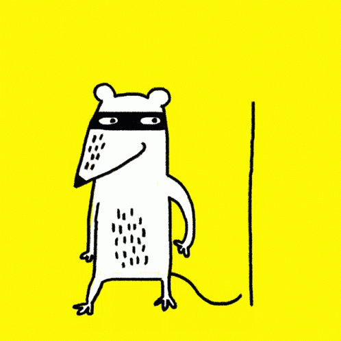 a blue background with a cartoon style rat holding a pole