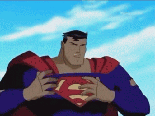 the animated man has a blue cape over his shoulders