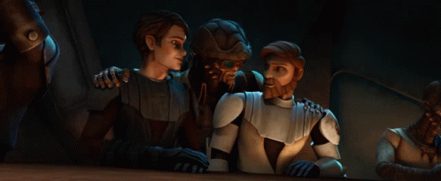 scene of sci - fi animated star wars, including two women and one man with a strange blue eye
