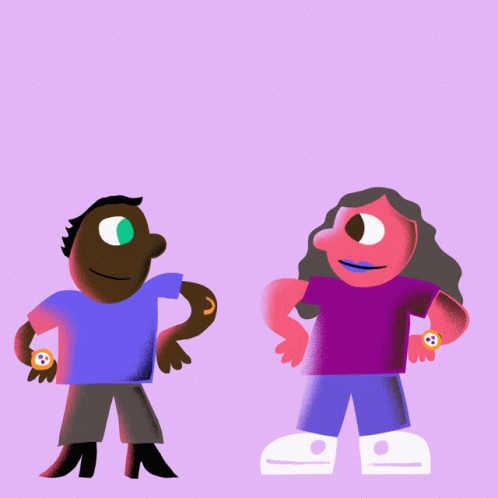 two people standing in front of a pink background