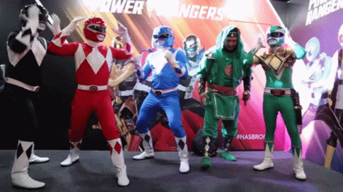 an action scene shows several men dressed as the power rangers