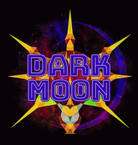 a dark moon design with red, blue and green letters