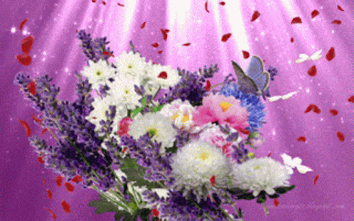 a bouquet of purple and white flowers in a vase on a table