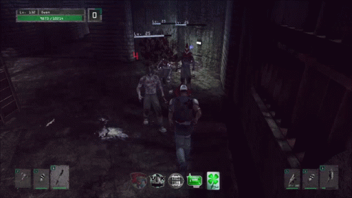 two dead zombies walk in a dark hallway