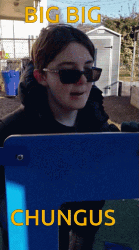 a girl in glasses with a laptop at a playground