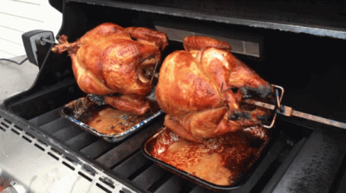 two roasted chickens are placed in a charcoal bbq
