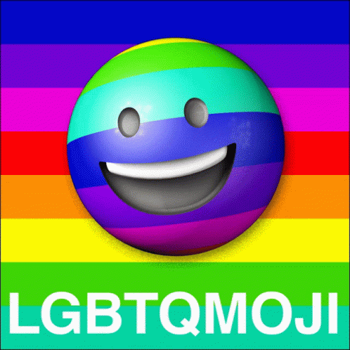 a rainbow colored smiley face in front of the text'lgbtq moj '