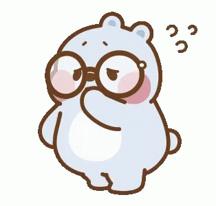 a cartoon dog with big eyes, glasses and a thought bubble