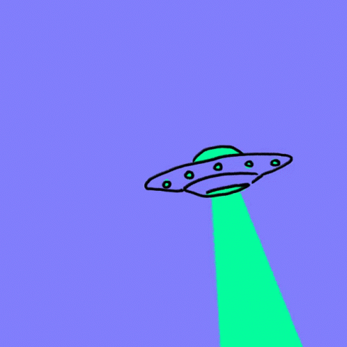 a pink background with a green spaceship hovering through the sky