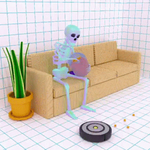 a skeleton sitting on a couch next to a living room