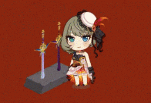 an anime girl standing next to an empty tower with sword