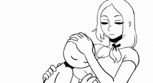 a cartoon girl holding her baby while looking at soing