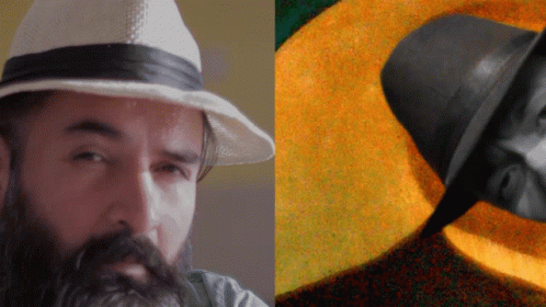 two pictures one with hat and the other with a man's face in profile