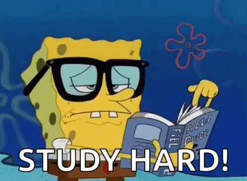 a cartoon character holding a book next to the caption reads, study hard