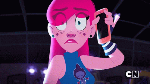 an animated girl holding a cell phone in her hand