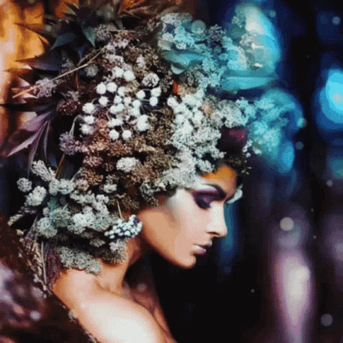 a surrealistic portrait of a woman with flowers and foliage all over her face