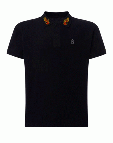 a black polo shirt with a dragon on the chest
